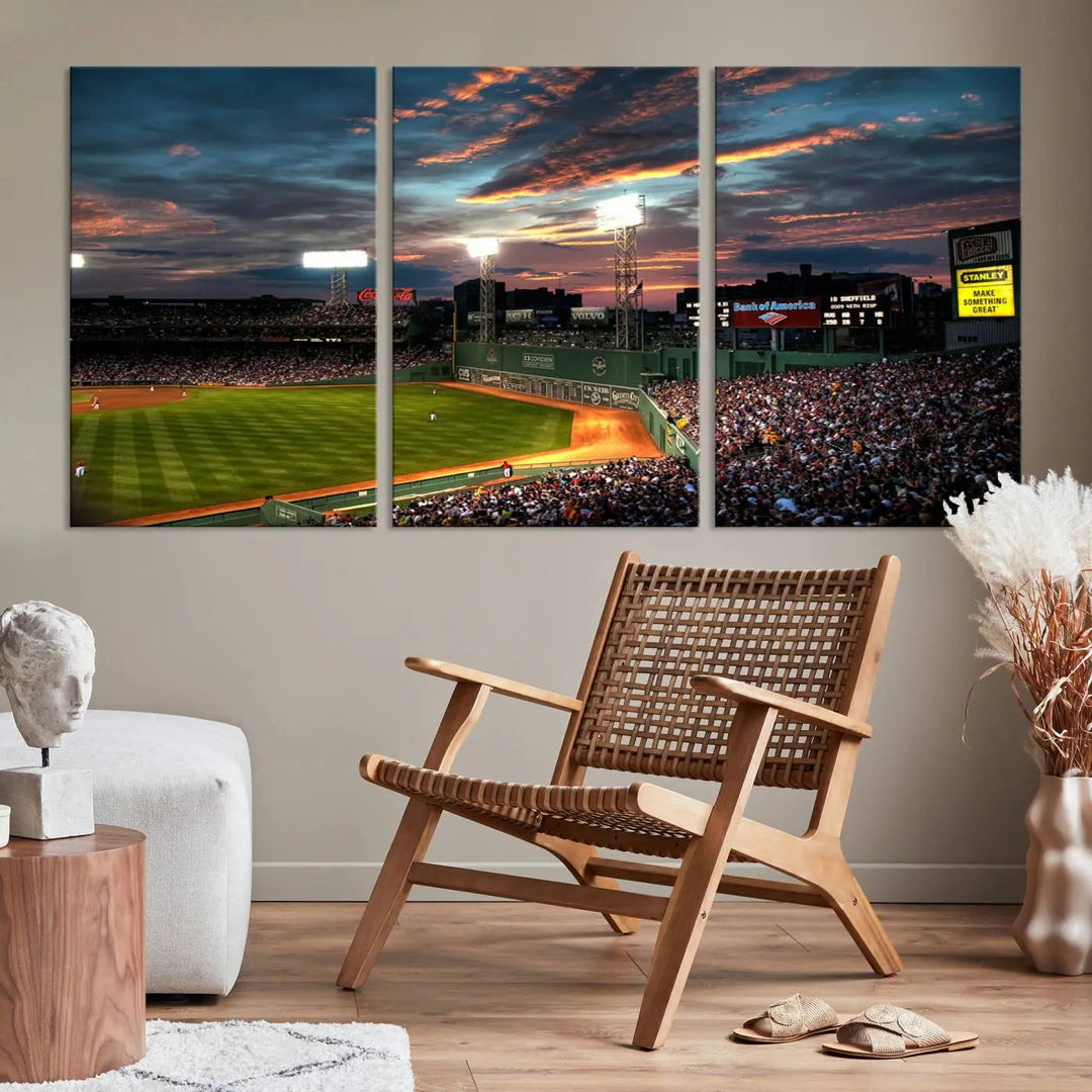 A three-panel framed Fenway Park Wall Art Canvas Print at sunset.