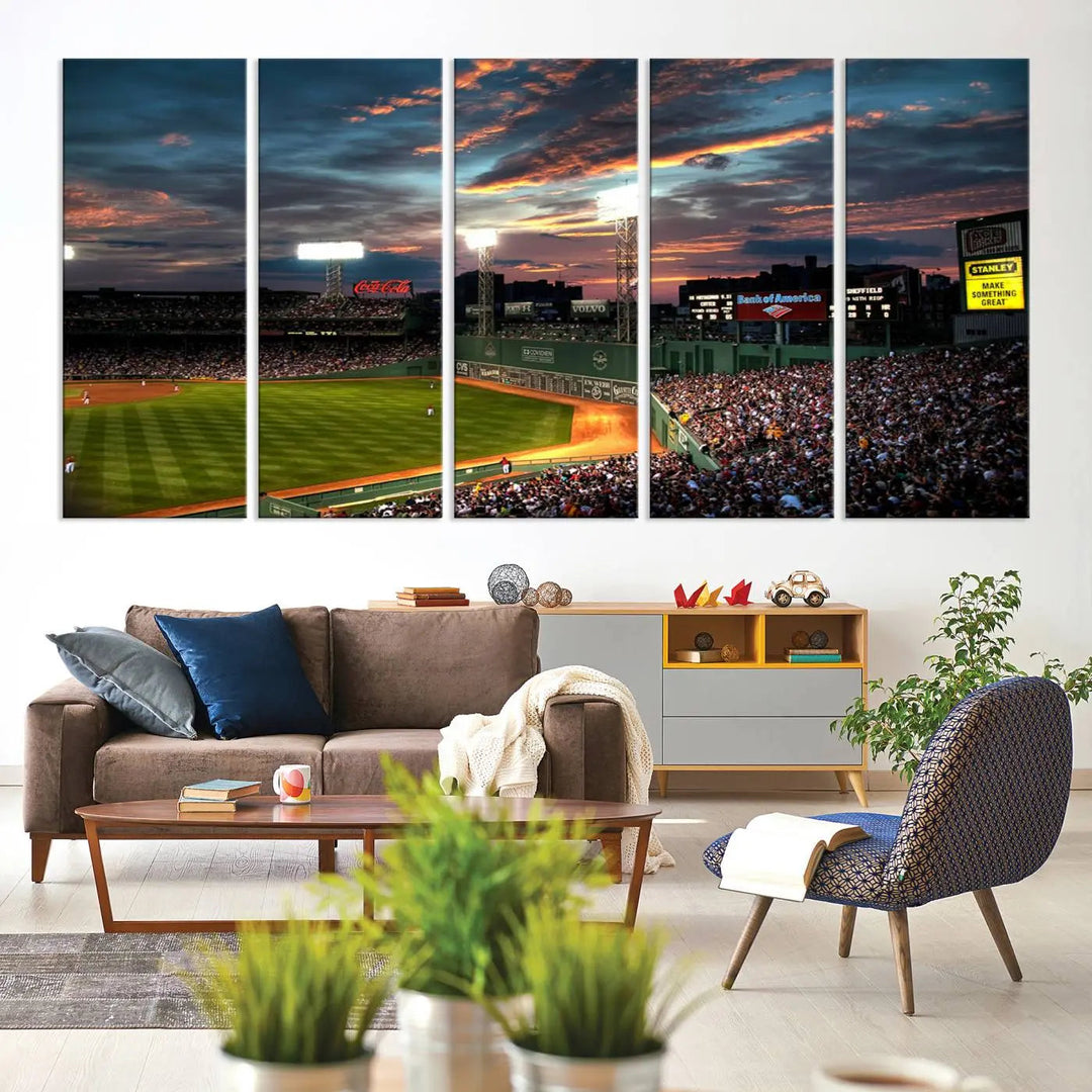 A three-panel framed Fenway Park Wall Art Canvas Print at sunset.