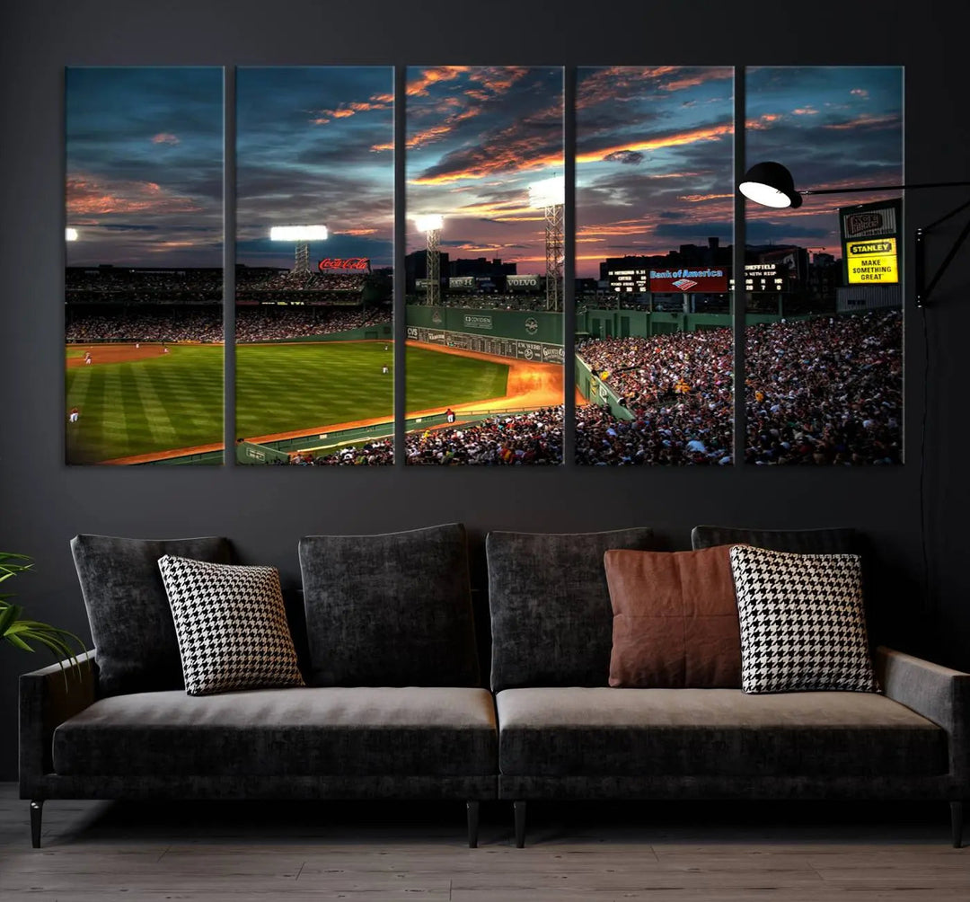 A three-panel framed Fenway Park Wall Art Canvas Print at sunset.