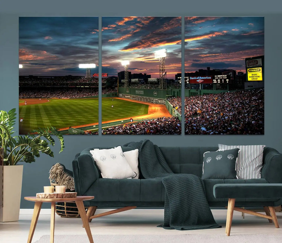 A three-panel framed Fenway Park Wall Art Canvas Print at sunset.