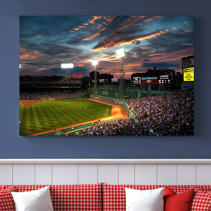 A three-panel framed Fenway Park Wall Art Canvas Print at sunset.