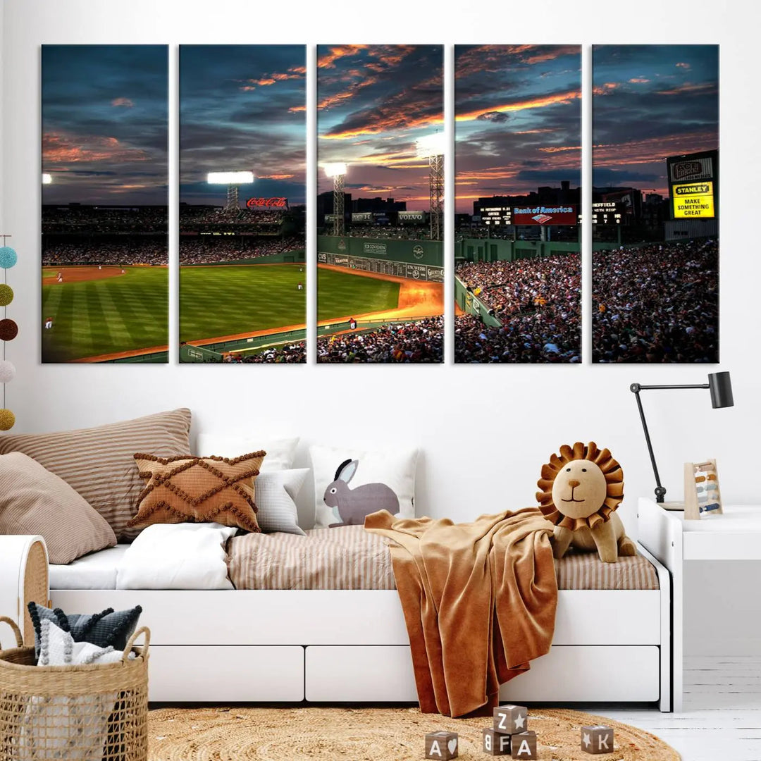 A three-panel framed Fenway Park Wall Art Canvas Print at sunset.