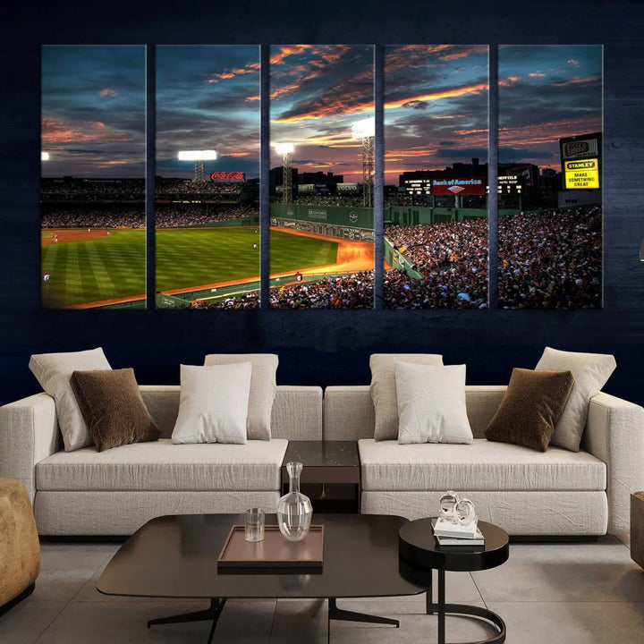 A three-panel framed Fenway Park Wall Art Canvas Print at sunset.