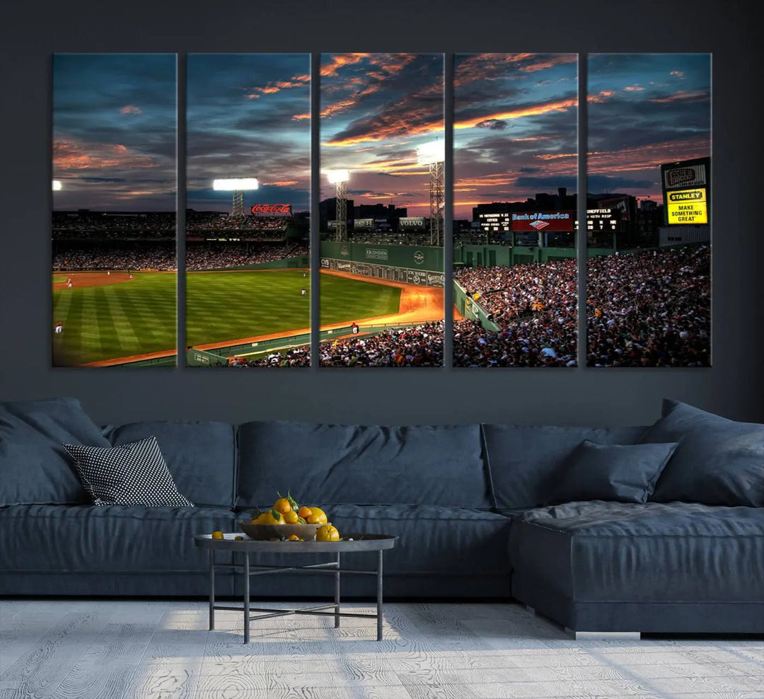 A three-panel framed Fenway Park Wall Art Canvas Print at sunset.