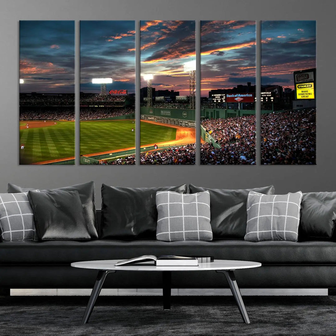 A three-panel framed Fenway Park Wall Art Canvas Print at sunset.