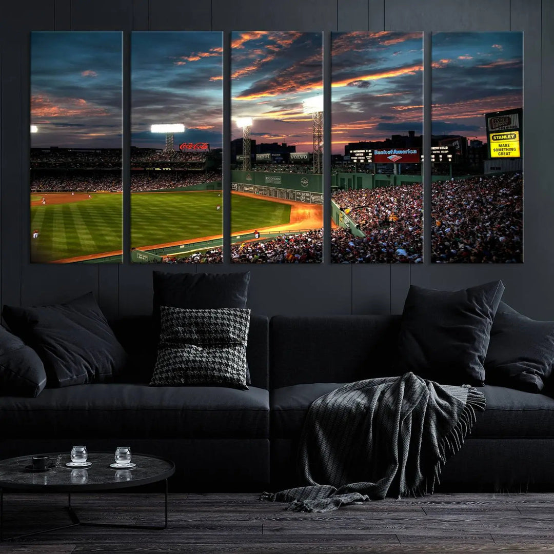 A three-panel framed Fenway Park Wall Art Canvas Print at sunset.