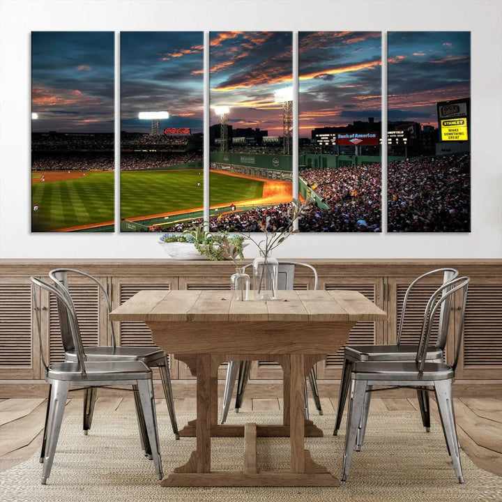 A three-panel framed Fenway Park Wall Art Canvas Print at sunset.