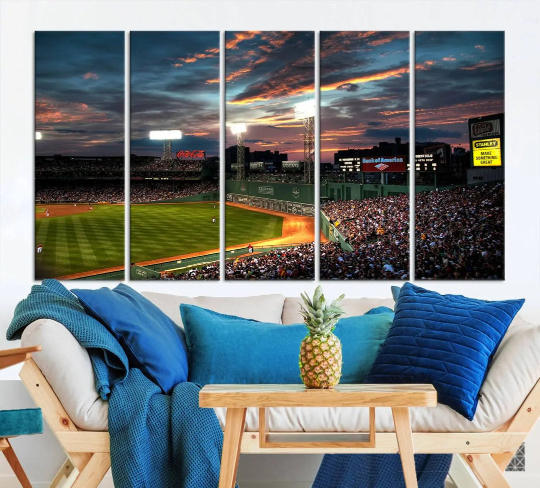 A three-panel framed Fenway Park Wall Art Canvas Print at sunset.