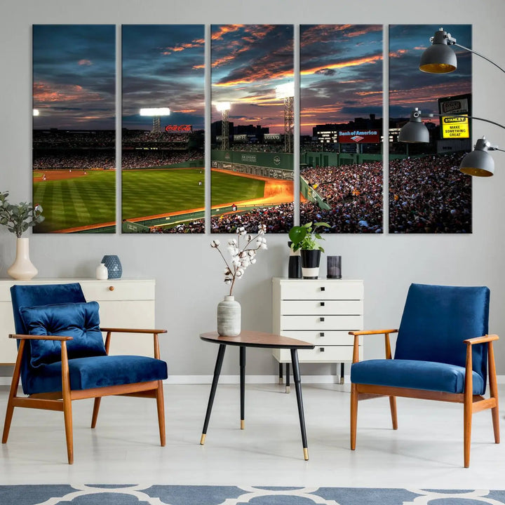 A three-panel framed Fenway Park Wall Art Canvas Print at sunset.