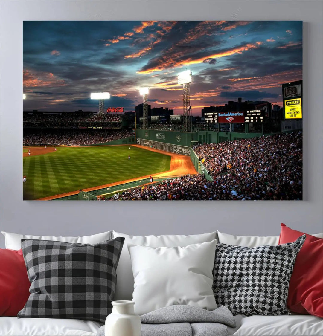 A three-panel framed Fenway Park Wall Art Canvas Print at sunset.