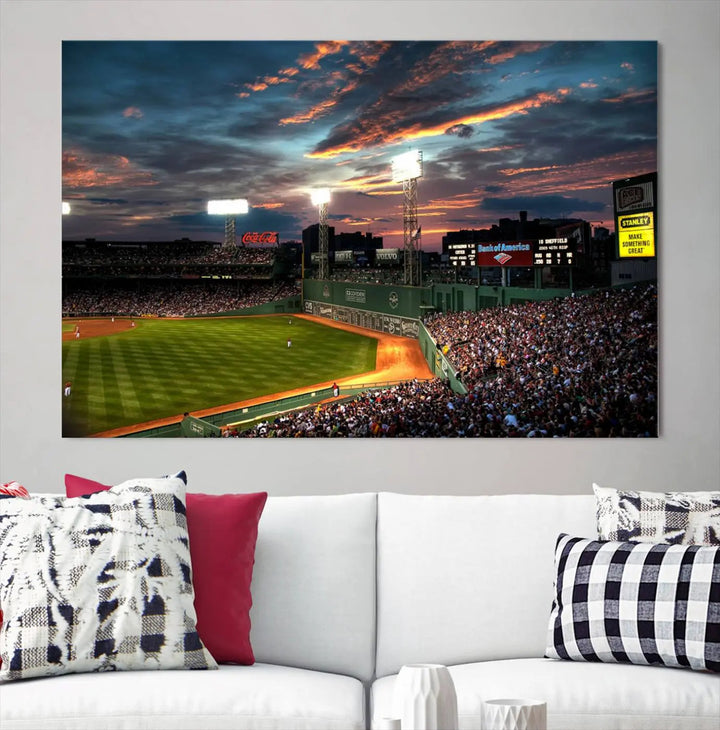 A three-panel framed Fenway Park Wall Art Canvas Print at sunset.