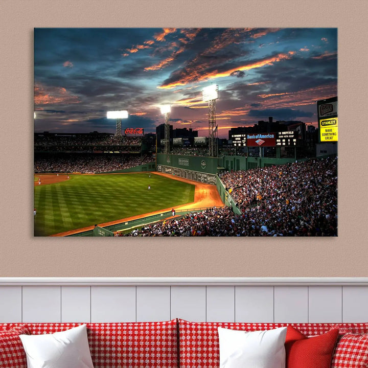 A three-panel framed Fenway Park Wall Art Canvas Print at sunset.