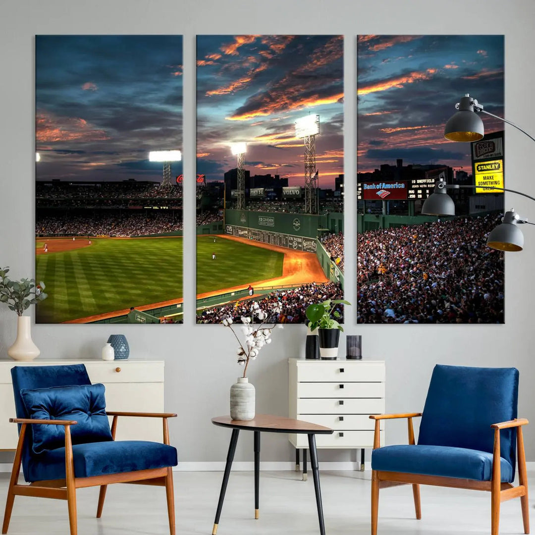 A three-panel framed Fenway Park Wall Art Canvas Print at sunset.