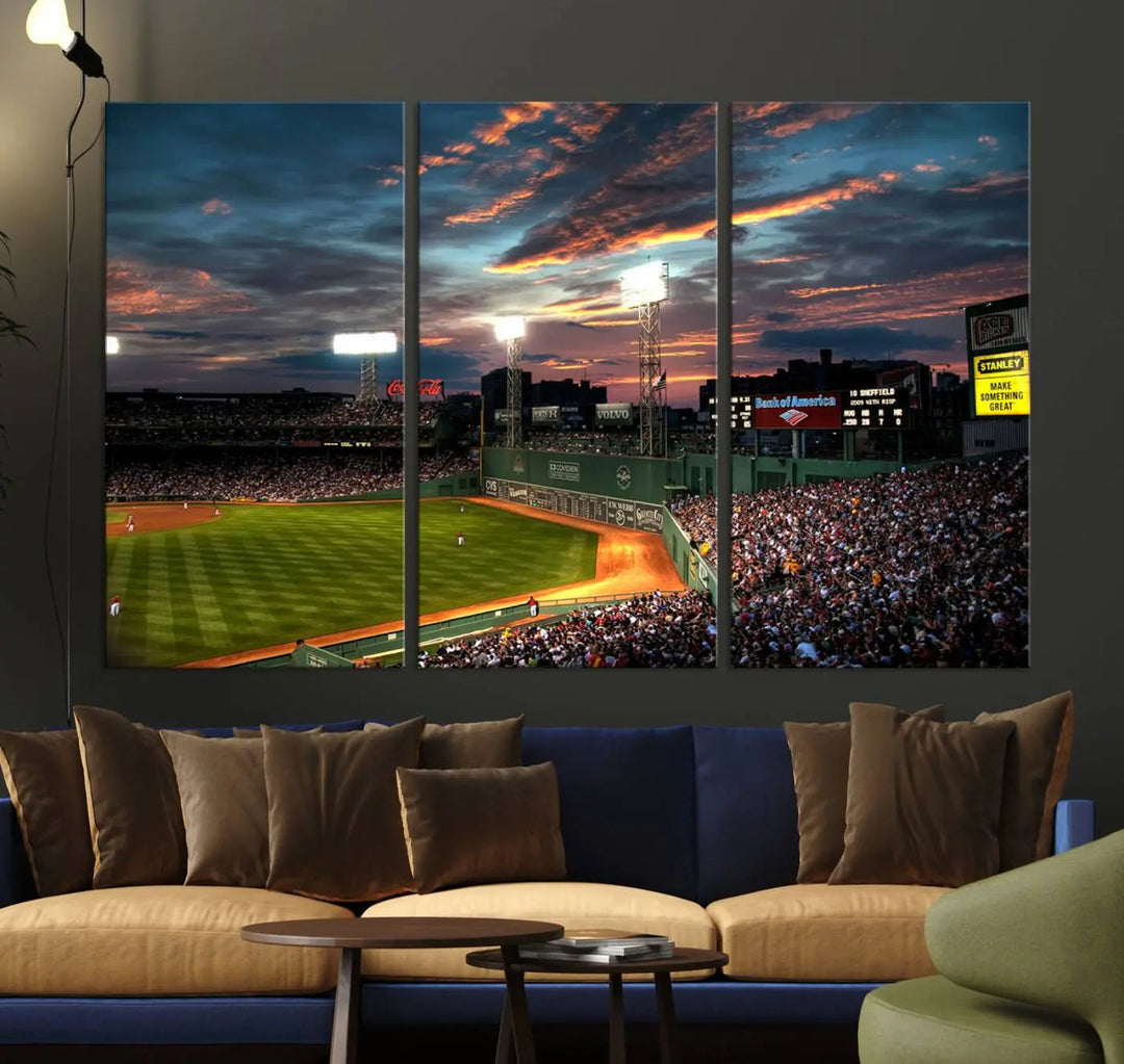 A three-panel framed Fenway Park Wall Art Canvas Print at sunset.