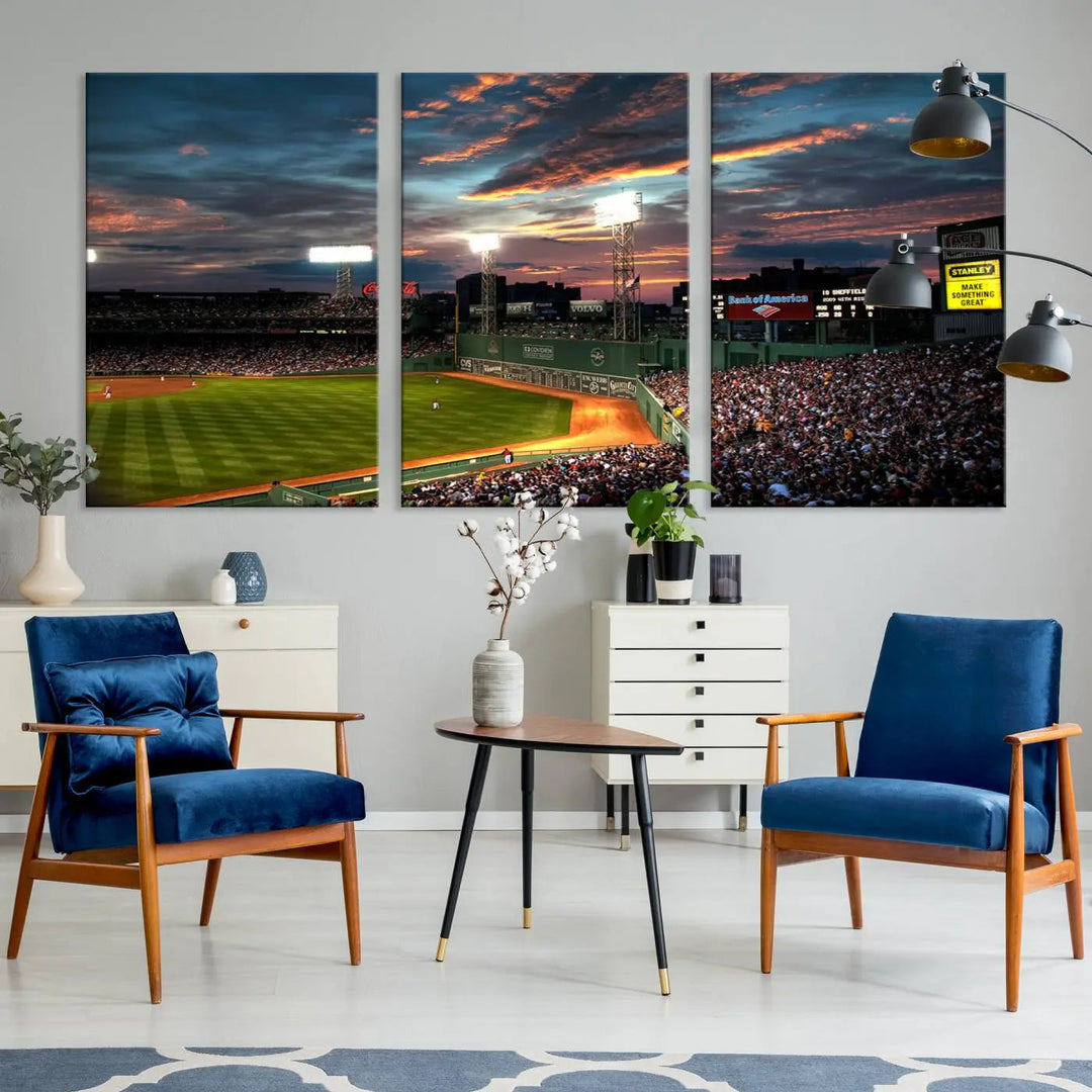 A three-panel framed Fenway Park Wall Art Canvas Print at sunset.