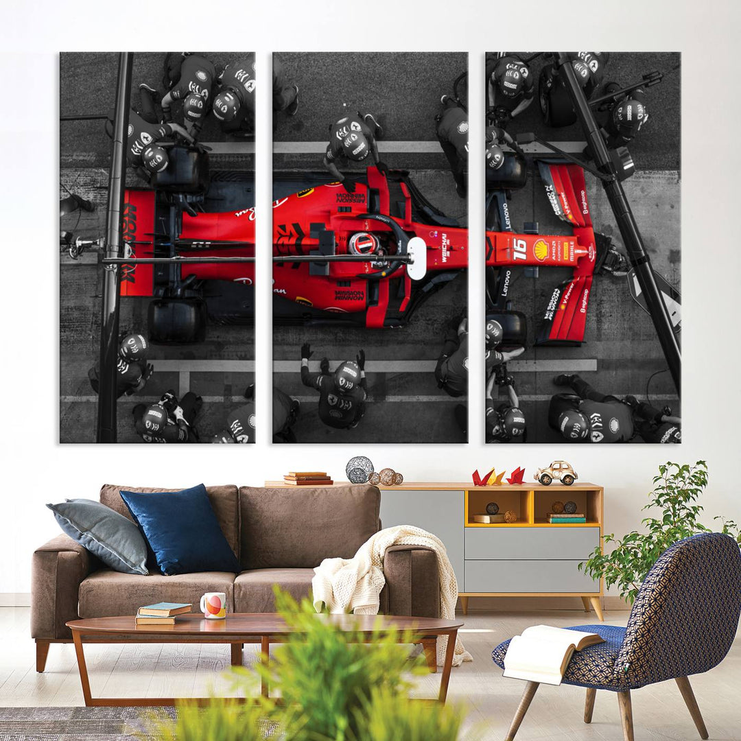 The Ferrari Pit Stop Canvas Wall Art features bold motorsport imagery that captures the precision and speed of Formula 1.