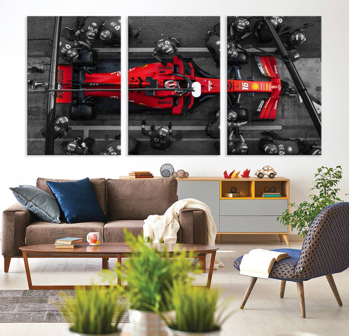 The Ferrari Pit Stop Canvas Wall Art features bold motorsport imagery that captures the precision and speed of Formula 1.