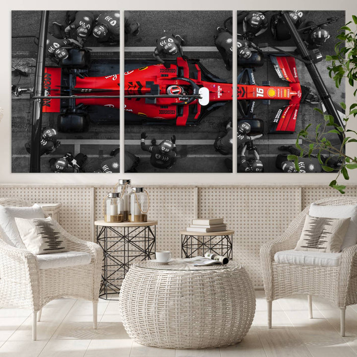 The Ferrari Pit Stop Canvas Wall Art features bold motorsport imagery that captures the precision and speed of Formula 1.