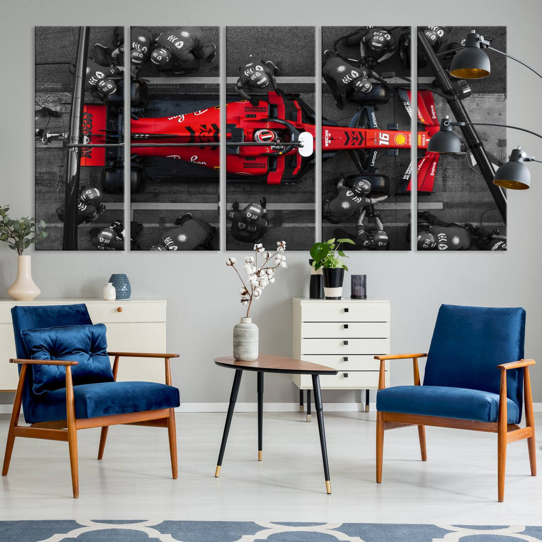 The Ferrari Pit Stop Canvas Wall Art features bold motorsport imagery that captures the precision and speed of Formula 1.