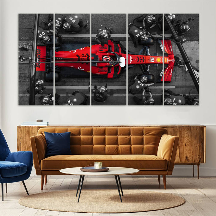 The Ferrari Pit Stop Canvas Wall Art features bold motorsport imagery that captures the precision and speed of Formula 1.