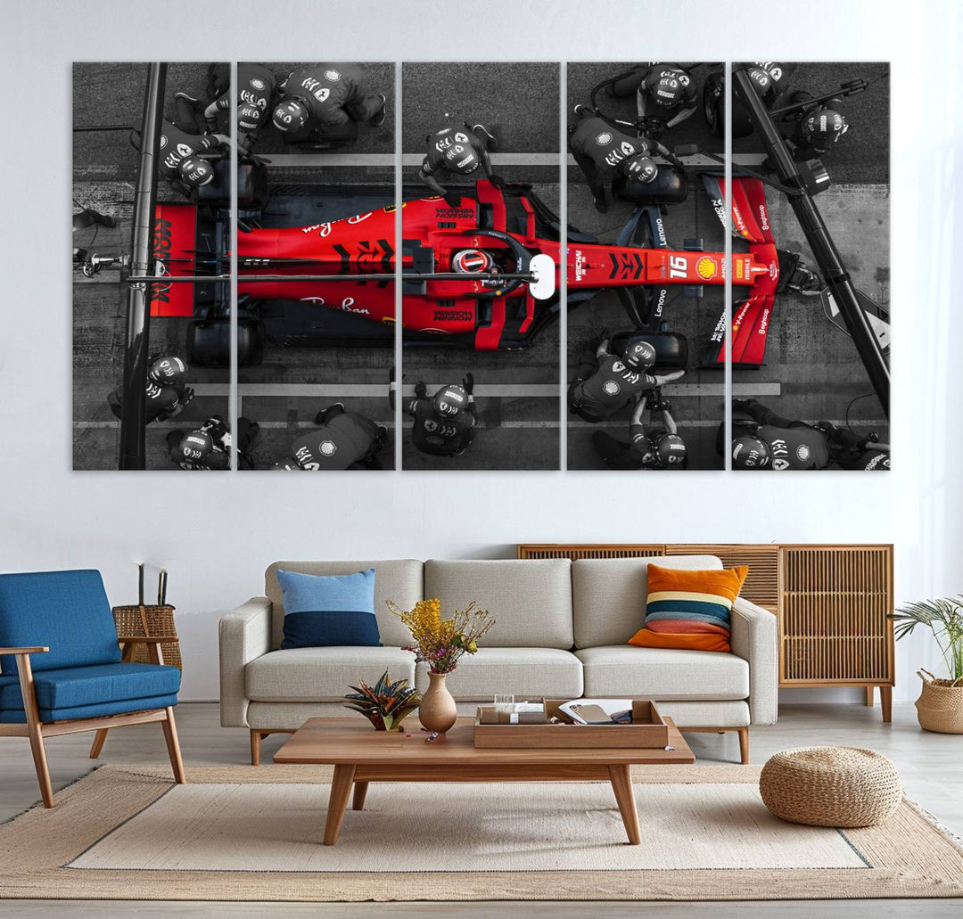 The Ferrari Pit Stop Canvas Wall Art features bold motorsport imagery that captures the precision and speed of Formula 1.