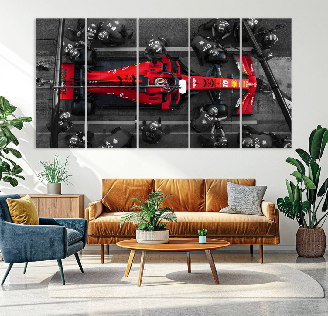 The Ferrari Pit Stop Canvas Wall Art features bold motorsport imagery that captures the precision and speed of Formula 1.