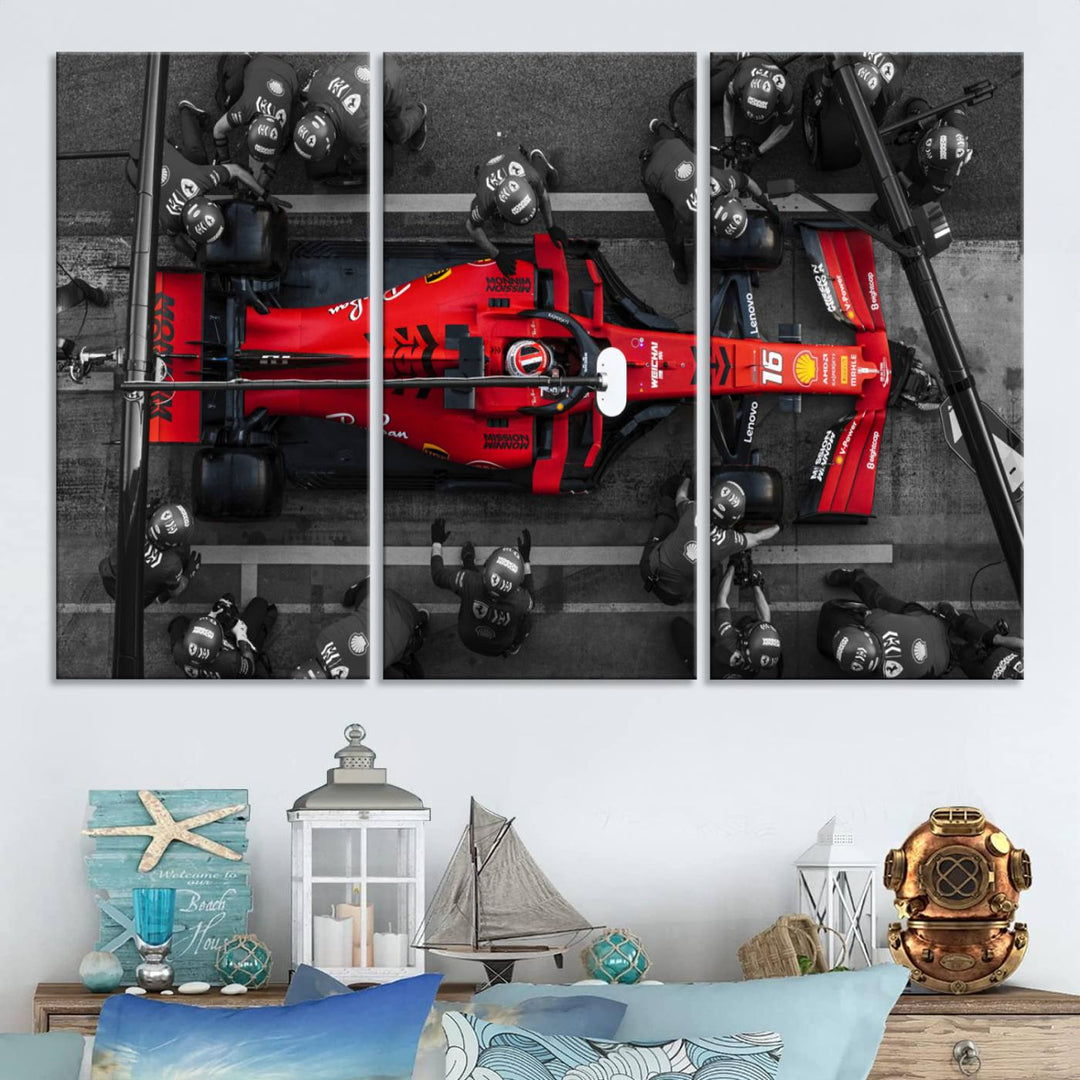 The Ferrari Pit Stop Canvas Wall Art features bold motorsport imagery that captures the precision and speed of Formula 1.