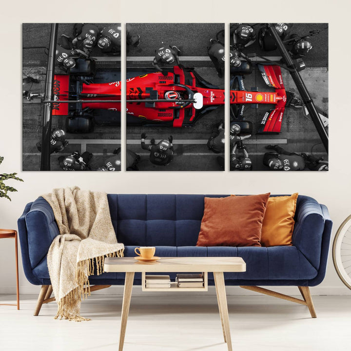 The Ferrari Pit Stop Canvas Wall Art features bold motorsport imagery that captures the precision and speed of Formula 1.