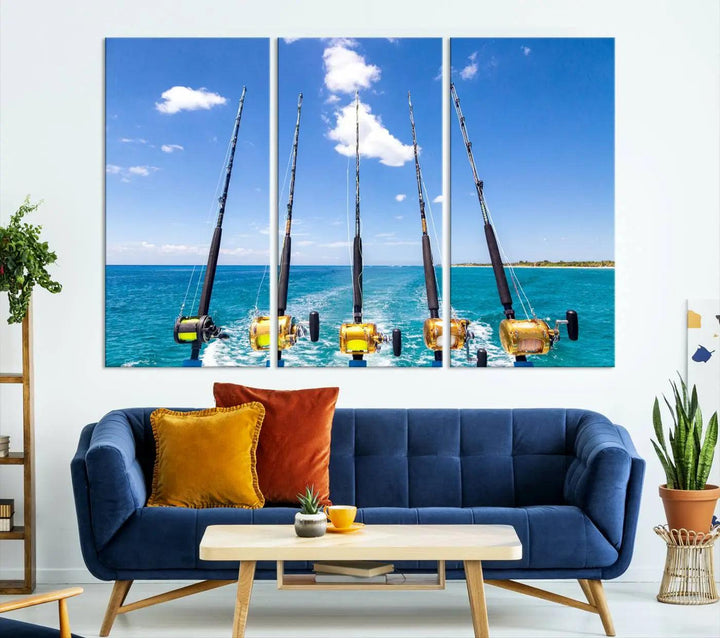 Experience the beauty of the ocean with the "Fishing Roads on Boat" canvas wall art print, an elegant triptych depicting fishing rods on a boat at sea. Crafted on museum-quality canvas with a UV-protective coating, this striking piece adds sophistication to any modern living room setting.