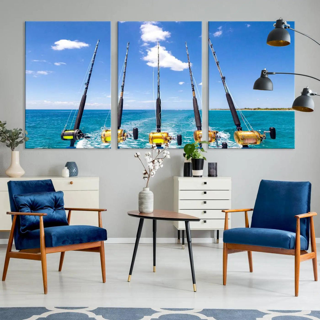 Experience the beauty of the ocean with the "Fishing Roads on Boat" canvas wall art print, an elegant triptych depicting fishing rods on a boat at sea. Crafted on museum-quality canvas with a UV-protective coating, this striking piece adds sophistication to any modern living room setting.