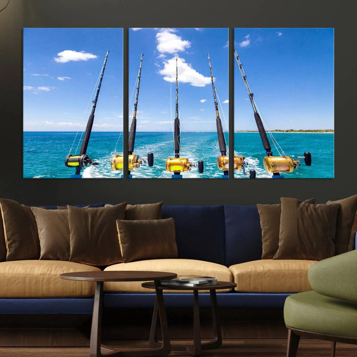 Experience the beauty of the ocean with the "Fishing Roads on Boat" canvas wall art print, an elegant triptych depicting fishing rods on a boat at sea. Crafted on museum-quality canvas with a UV-protective coating, this striking piece adds sophistication to any modern living room setting.