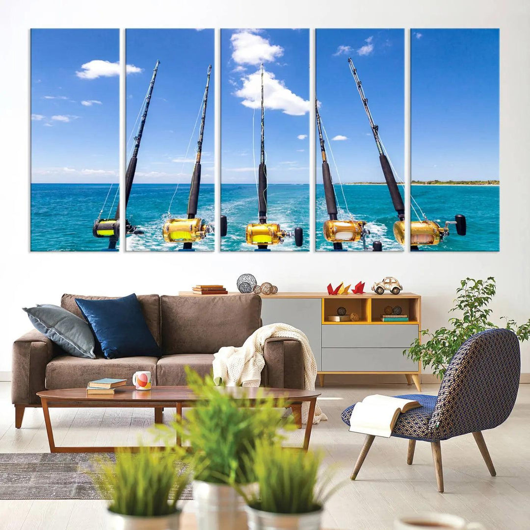 Experience the beauty of the ocean with the "Fishing Roads on Boat" canvas wall art print, an elegant triptych depicting fishing rods on a boat at sea. Crafted on museum-quality canvas with a UV-protective coating, this striking piece adds sophistication to any modern living room setting.