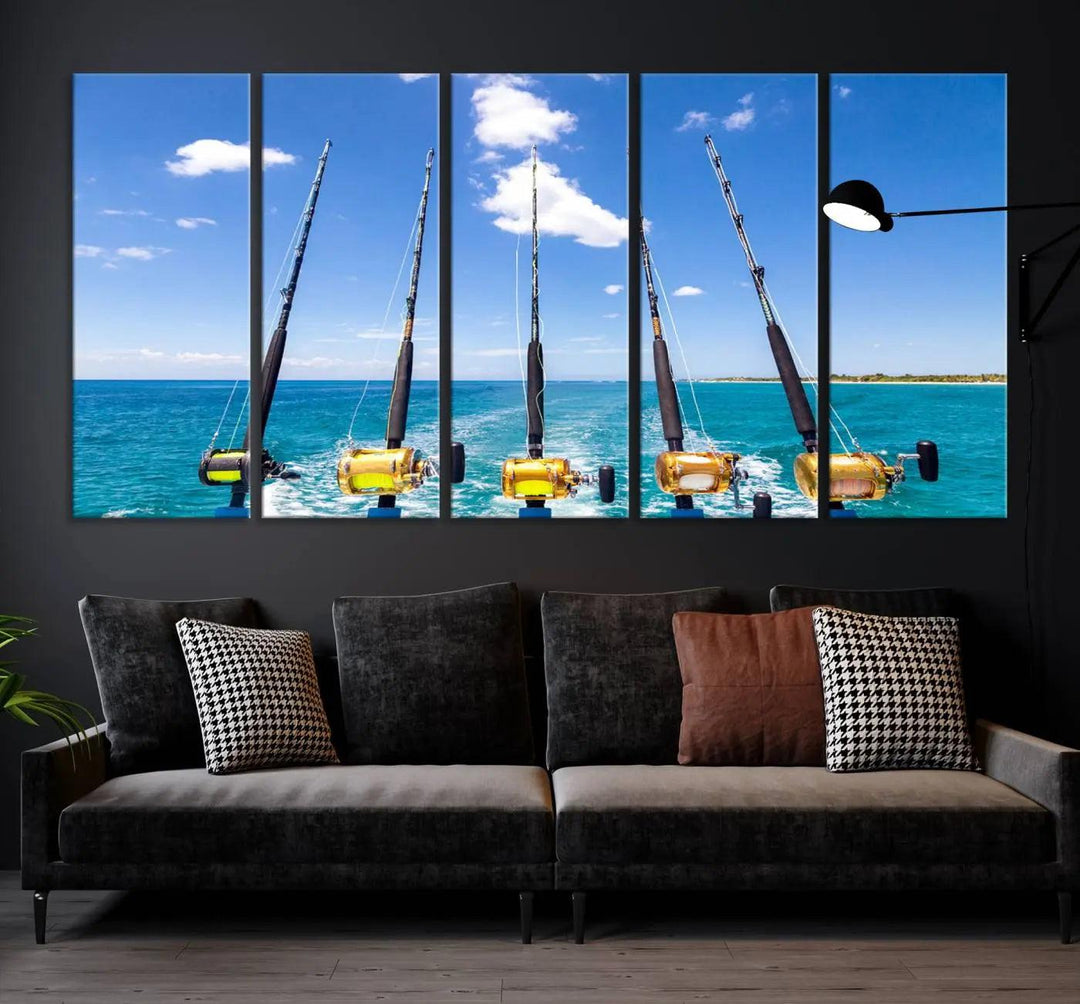 Experience the beauty of the ocean with the "Fishing Roads on Boat" canvas wall art print, an elegant triptych depicting fishing rods on a boat at sea. Crafted on museum-quality canvas with a UV-protective coating, this striking piece adds sophistication to any modern living room setting.