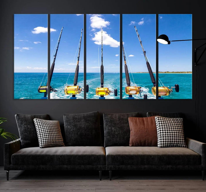 Experience the beauty of the ocean with the "Fishing Roads on Boat" canvas wall art print, an elegant triptych depicting fishing rods on a boat at sea. Crafted on museum-quality canvas with a UV-protective coating, this striking piece adds sophistication to any modern living room setting.