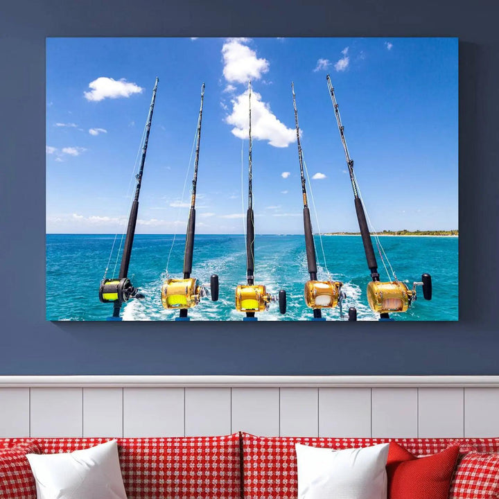 Experience the beauty of the ocean with the "Fishing Roads on Boat" canvas wall art print, an elegant triptych depicting fishing rods on a boat at sea. Crafted on museum-quality canvas with a UV-protective coating, this striking piece adds sophistication to any modern living room setting.