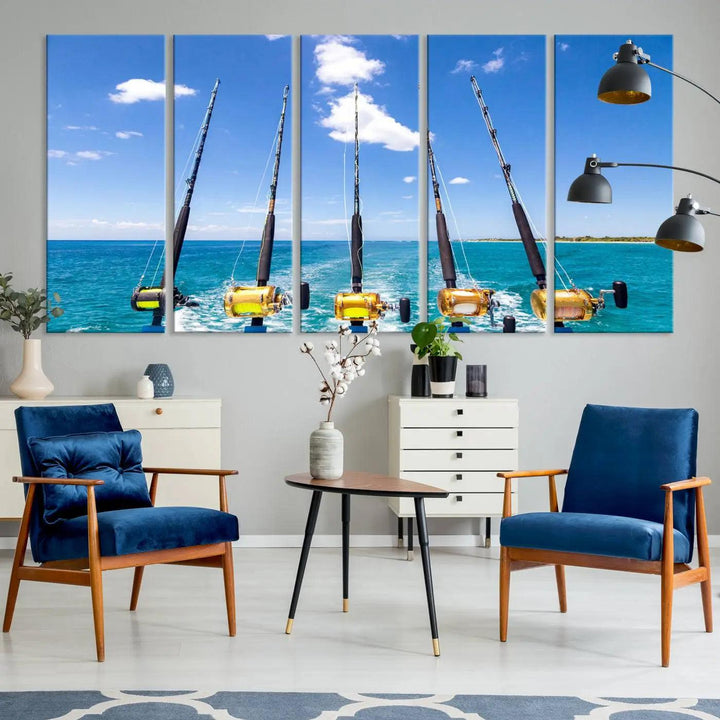 Experience the beauty of the ocean with the "Fishing Roads on Boat" canvas wall art print, an elegant triptych depicting fishing rods on a boat at sea. Crafted on museum-quality canvas with a UV-protective coating, this striking piece adds sophistication to any modern living room setting.