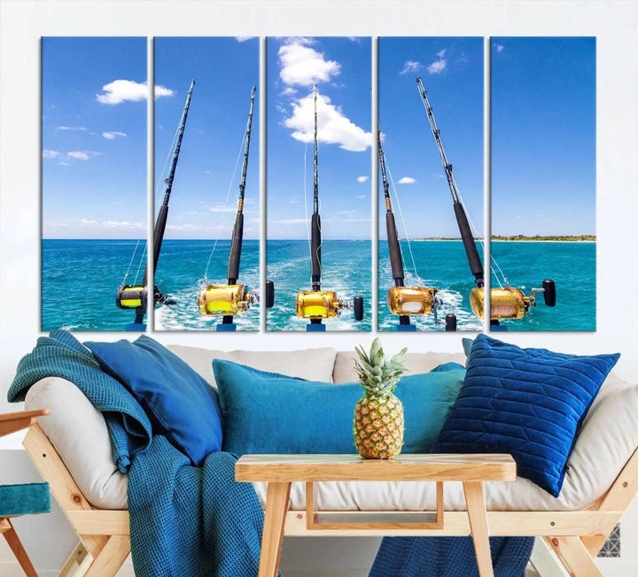 Experience the beauty of the ocean with the "Fishing Roads on Boat" canvas wall art print, an elegant triptych depicting fishing rods on a boat at sea. Crafted on museum-quality canvas with a UV-protective coating, this striking piece adds sophistication to any modern living room setting.