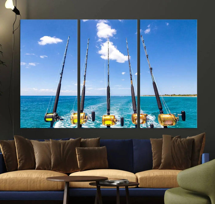 Experience the beauty of the ocean with the "Fishing Roads on Boat" canvas wall art print, an elegant triptych depicting fishing rods on a boat at sea. Crafted on museum-quality canvas with a UV-protective coating, this striking piece adds sophistication to any modern living room setting.