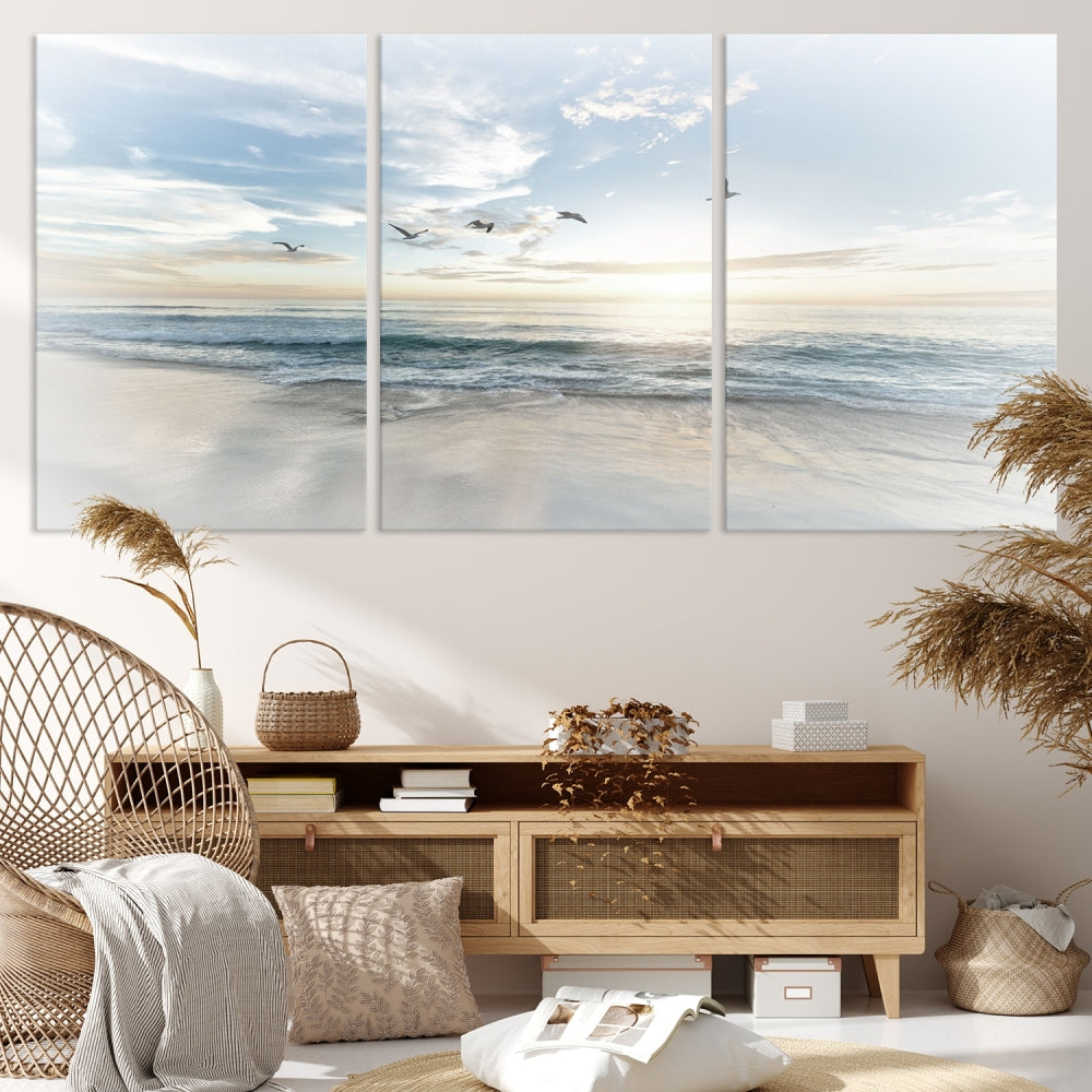 The Flight Over Coastal Beach Landscape Photography Print, a triptych of a serene ocean and sky scene with seagulls on museum-quality canvas, captivates as it hangs prominently in any space. Enjoy free shipping on this captivating piece that transforms any room into a tranquil retreat.