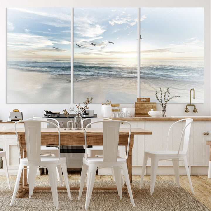 The Flight Over Coastal Beach Landscape Photography Print, a triptych of a serene ocean and sky scene with seagulls on museum-quality canvas, captivates as it hangs prominently in any space. Enjoy free shipping on this captivating piece that transforms any room into a tranquil retreat.