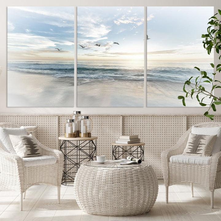 The Flight Over Coastal Beach Landscape Photography Print, a triptych of a serene ocean and sky scene with seagulls on museum-quality canvas, captivates as it hangs prominently in any space. Enjoy free shipping on this captivating piece that transforms any room into a tranquil retreat.