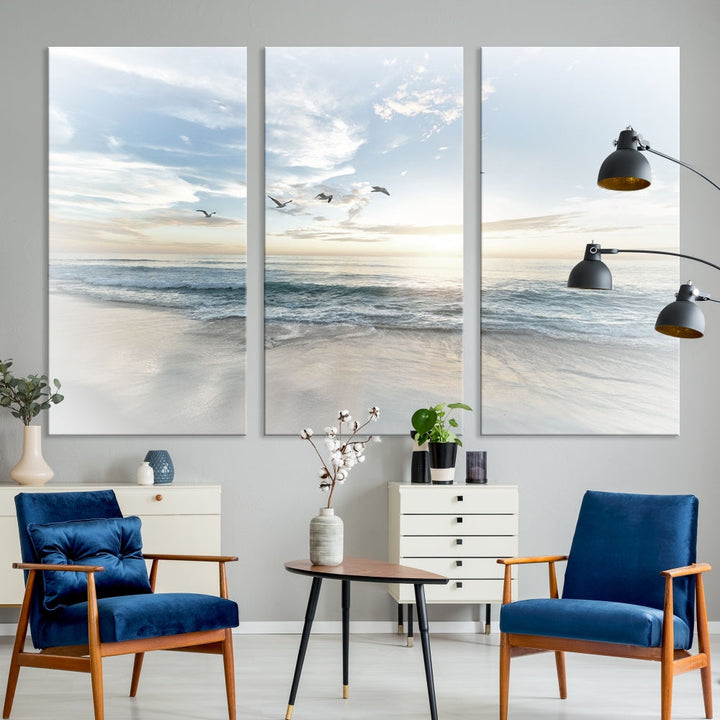 The Flight Over Coastal Beach Landscape Photography Print, a triptych of a serene ocean and sky scene with seagulls on museum-quality canvas, captivates as it hangs prominently in any space. Enjoy free shipping on this captivating piece that transforms any room into a tranquil retreat.