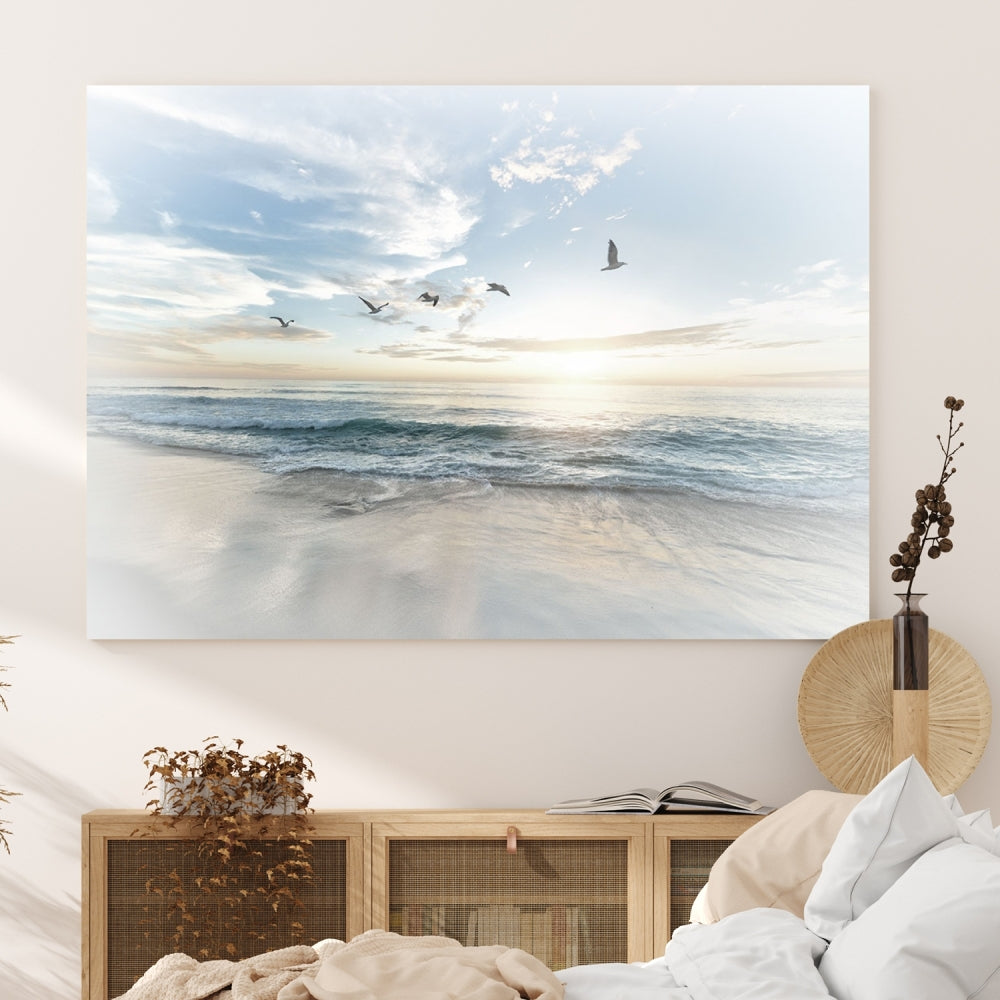 The Flight Over Coastal Beach Landscape Photography Print, a triptych of a serene ocean and sky scene with seagulls on museum-quality canvas, captivates as it hangs prominently in any space. Enjoy free shipping on this captivating piece that transforms any room into a tranquil retreat.