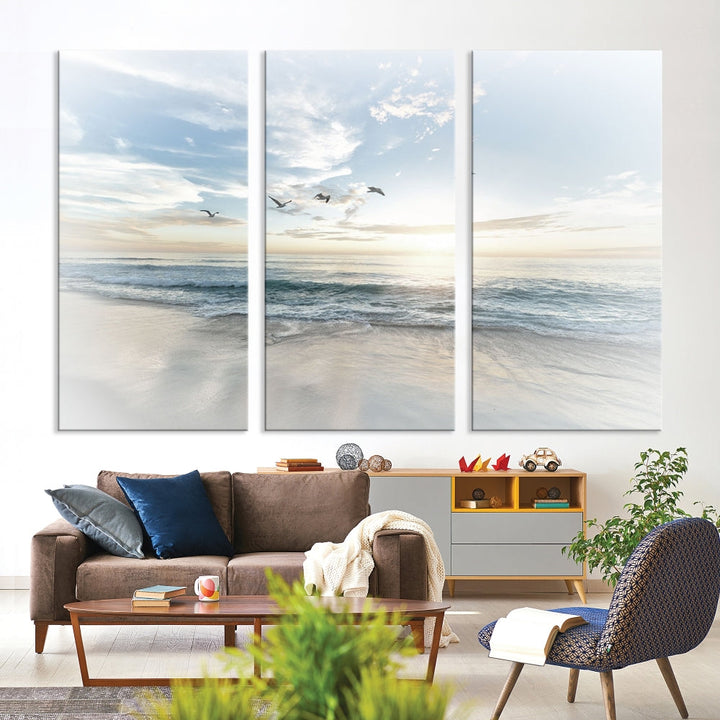 The Flight Over Coastal Beach Landscape Photography Print, a triptych of a serene ocean and sky scene with seagulls on museum-quality canvas, captivates as it hangs prominently in any space. Enjoy free shipping on this captivating piece that transforms any room into a tranquil retreat.