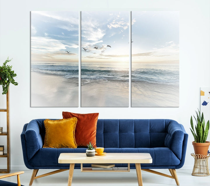 The Flight Over Coastal Beach Landscape Photography Print, a triptych of a serene ocean and sky scene with seagulls on museum-quality canvas, captivates as it hangs prominently in any space. Enjoy free shipping on this captivating piece that transforms any room into a tranquil retreat.