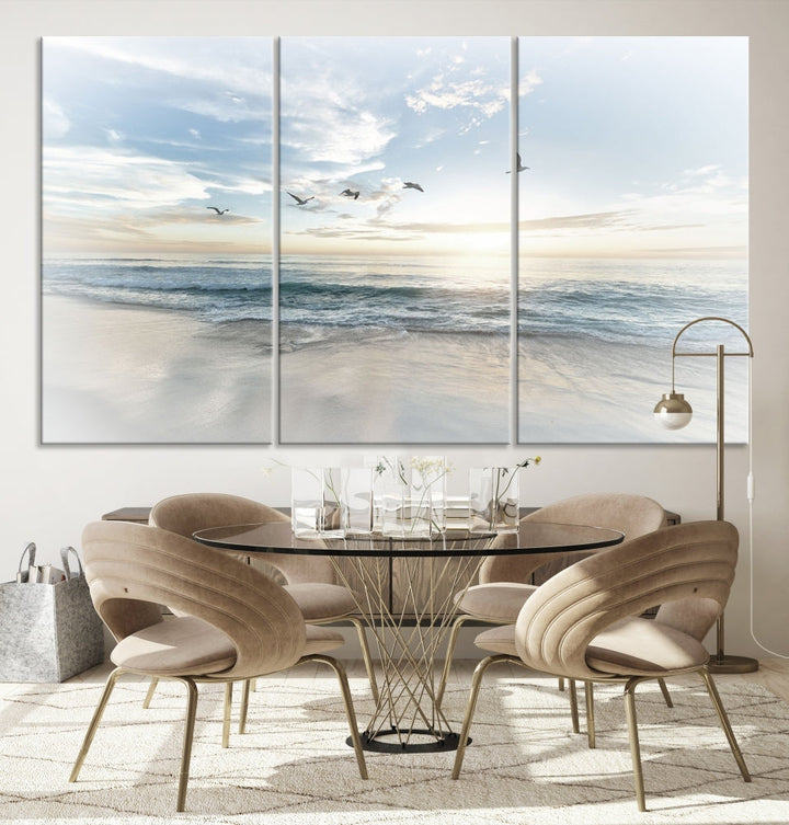 The Flight Over Coastal Beach Landscape Photography Print, a triptych of a serene ocean and sky scene with seagulls on museum-quality canvas, captivates as it hangs prominently in any space. Enjoy free shipping on this captivating piece that transforms any room into a tranquil retreat.