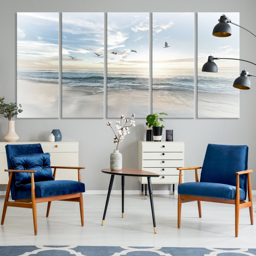 The Flight Over Coastal Beach Landscape Photography Print, a triptych of a serene ocean and sky scene with seagulls on museum-quality canvas, captivates as it hangs prominently in any space. Enjoy free shipping on this captivating piece that transforms any room into a tranquil retreat.