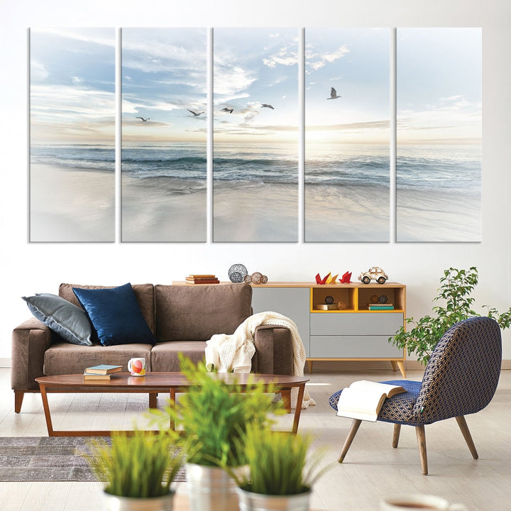 The Flight Over Coastal Beach Landscape Photography Print, a triptych of a serene ocean and sky scene with seagulls on museum-quality canvas, captivates as it hangs prominently in any space. Enjoy free shipping on this captivating piece that transforms any room into a tranquil retreat.