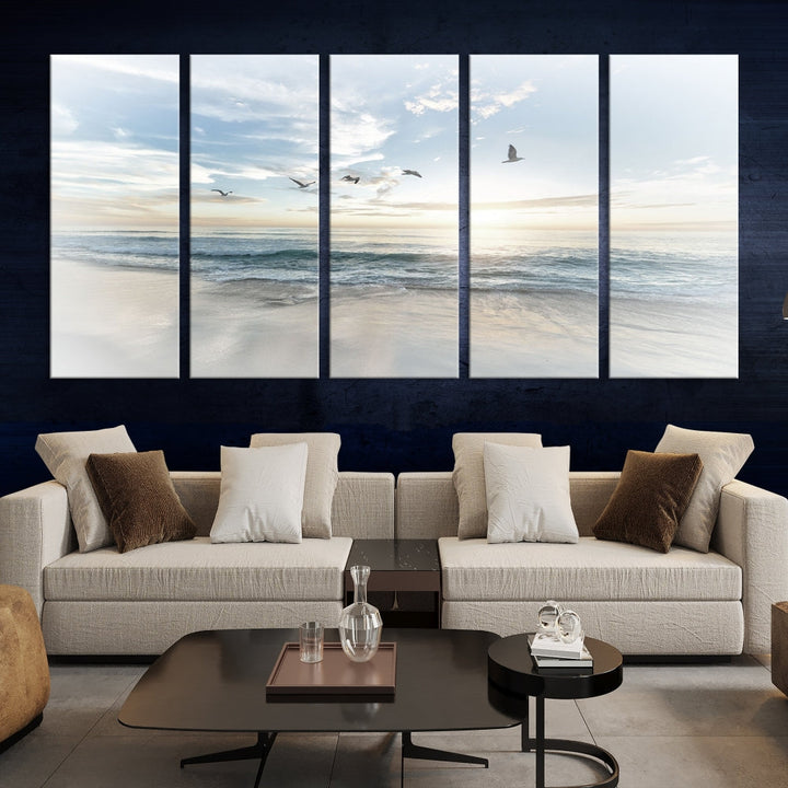 The Flight Over Coastal Beach Landscape Photography Print, a triptych of a serene ocean and sky scene with seagulls on museum-quality canvas, captivates as it hangs prominently in any space. Enjoy free shipping on this captivating piece that transforms any room into a tranquil retreat.