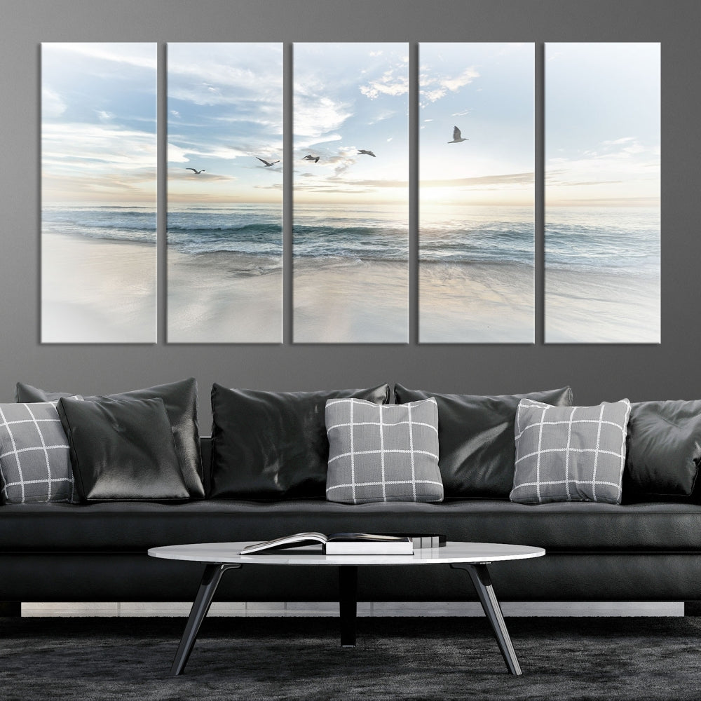 The Flight Over Coastal Beach Landscape Photography Print, a triptych of a serene ocean and sky scene with seagulls on museum-quality canvas, captivates as it hangs prominently in any space. Enjoy free shipping on this captivating piece that transforms any room into a tranquil retreat.